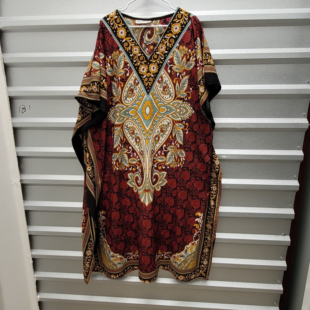 Sante Classics Kaftan Dress Womens One Size Multicolor Paisley Floral V-Neck